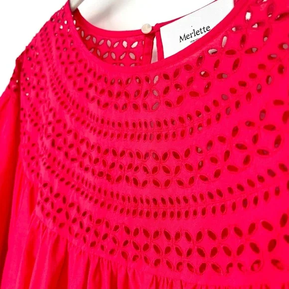 Merlette NY Paradis Eyelet Tiered Midi Dress Sz XXL Pink 100% Cotton Puff Sleeve